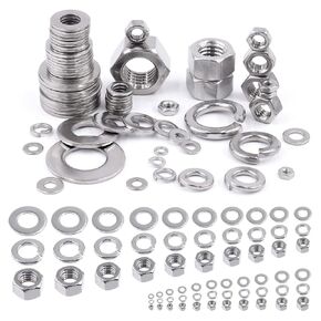 Glarks 289Pcs 304 Stainless Steel Hex Nuts and Flat Washers Assortment Kit #2-56#4-40#6-32#8-32#10-24 1/4"-20 5/16"-18 3/8"-16 1/2"-13 Hex Nuts and #6#8#10#12 1/4" 5/16" 3/8" 1/2" Flat Washers