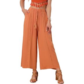 Allegra K Casual Linen Palazzo Pants for Women's Elastic High Waist Drawstring Wide Leg Trousers