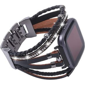 Posh Leather Bands Compatible with Fitbit Versa/Fitbit Versa Lite/Fitbit Versa 2 Bands for Women, Handmade Multilayer Wrap Bracelets Jewelry Strap Wristband for Fitbit Versa Smart Watch