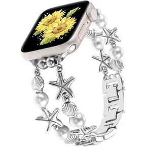 Vintage Beaded Wristband Compatible with Apple Watch Band 38mm 40mm 41mm 42mm 44mm 45mm 49mm,Boho Bracelet Retro Silver Flower Bling Strap for iWatch Series 9 Ultra 8 7 6 5 4 3 2 1 SE for Women