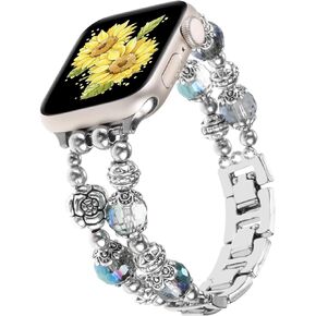 Vintage Beaded Wristband Compatible with Apple Watch Band 38mm 40mm 41mm 42mm 44mm 45mm 49mm,Boho Bracelet Retro Silver Flower Bling Strap for iWatch Series 9 Ultra 8 7 6 5 4 3 2 1 SE for Women