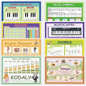 مجموعة من 8 ملصقات موسيقية (مغلفة) من FUNNYLAND للفصول الدراسية، ومخططات نظرية الموسيقى الأساسية للمدرسة، وملصقات جدارية للأطفال - مثالية للفصل الدراسي والمنزل ومراكز التعليم in Kuwait
