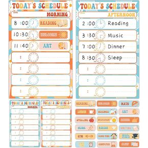 4PCS Retro Groovy Daily Schedule Charts 17×11 Boho School Class Schedule Chart Daily Schedule Classroom Posters Dry Erase Classroom Posters for Kids Behavior Learning Classroom School Home Supplies