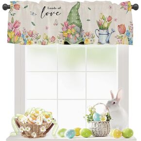 Easter Valance for Windows Gnome Tulip Curtains Valances Loads of Love Floral Rod Pocket Valance Window Treatments Spring Holiday Short Curtains for Kitchen Living Room Bedroom Bathroom 54x18 Inch