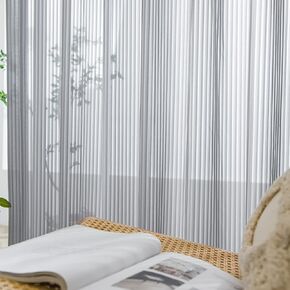 Grey Chiffon Striped Semi Sheer Curtains for Living Room Light Filtering Solid Voile Window Drapes for Bedroom 2 Panels 84 inches Long Rod Pocket