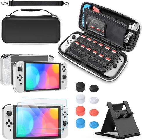 حزمة ملحقات YUANHOT المتوافقة مع Switch OLED بما في ذلك حقيبة الحمل وغطاء الحماية وواقي الشاشة الزجاجي المقسى وحامل الحامل و12 فتحة ألعاب و8 أغطية لمقبض الإبهام - أسود in Kuwait
