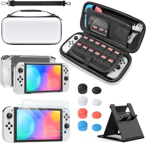 YUANHOT Accessories Bundle Compatible with Switch OLED Including Carrying Case Bag, Protective Case Cover, Tempered Glass Screen Protector, Holder Stand, 12 Game Slots and 8 Thumb Grip Caps – Black in Saudi Arabia