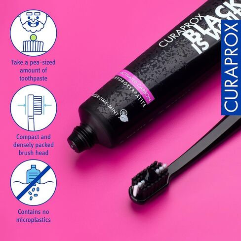 مجموعة فرشاة الأسنان Curaprox CS 5460، 2 حامل فرشاة أسنان ومعجون أسنان بالفحم المنشط، طقم منزلي، أسود أبيض in Saudi Arabia