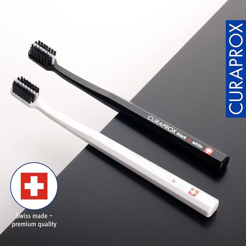 مجموعة فرشاة الأسنان Curaprox CS 5460، 2 حامل فرشاة أسنان ومعجون أسنان بالفحم المنشط، طقم منزلي، أسود أبيض in Saudi Arabia