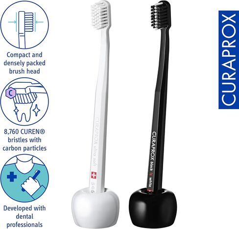 مجموعة فرشاة الأسنان Curaprox CS 5460، 2 حامل فرشاة أسنان ومعجون أسنان بالفحم المنشط، طقم منزلي، أسود أبيض in Saudi Arabia