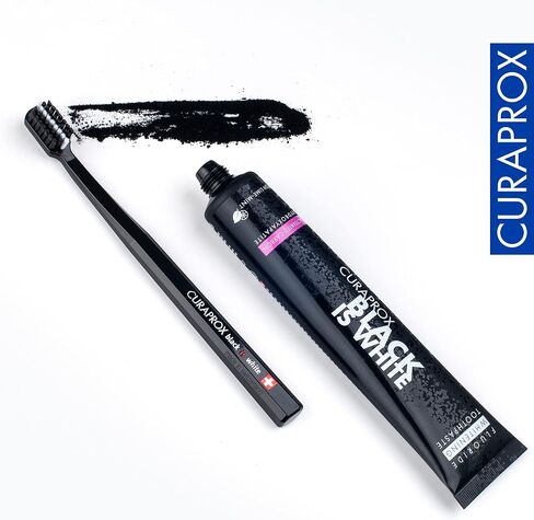مجموعة فرشاة الأسنان Curaprox CS 5460، 2 حامل فرشاة أسنان ومعجون أسنان بالفحم المنشط، طقم منزلي، أسود أبيض in Saudi Arabia