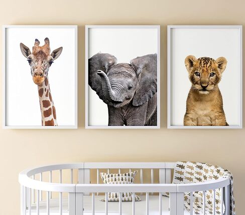 Baby Safari Animals for Girl or Boy Nursery Bedroom, Set of 3 Unframed Wall Art Prints, Jungle Leaves Posters, Nursery Decor Gift, Giraffe Elephant Lion (11x14) in Saudi Arabia