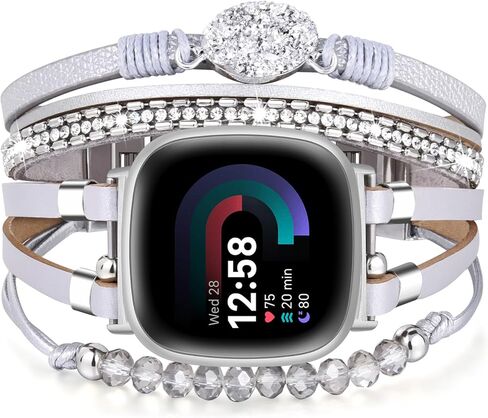 سوار VISOOM مطرز بوهو متوافق مع Fitbit Versa 4/Versa 3 Bands/Fitbit Sense2 /Sense جلد نسائي أنيق مصنوع يدويًا متعدد الطبقات حزام ساعة ملتف من أجل Fitbit Versa 4/Versa 3/Sense 2/Sense in Kuwait