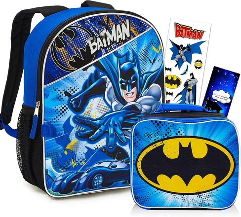 DC Comics Batman Backpack with Lunch Bag Set for Boys Kids ~ Deluxe 16" Batman Backpack with Insulated Lunch Box. Stickers, and More (Batman School Supplies Bundle) in Saudi Arabia