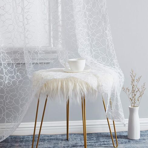 HLC.ME أودري مطرزة فاخرة ناعمة مزخرفة من الفوال الشفاف لتصفية النوافذ جروميت معالجة النوافذ لوحات ستائر لغرفة النوم وغرفة المعيشة - مجموعة من لوحتين (طول 54 × 96 بوصة، أبيض) in Kuwait