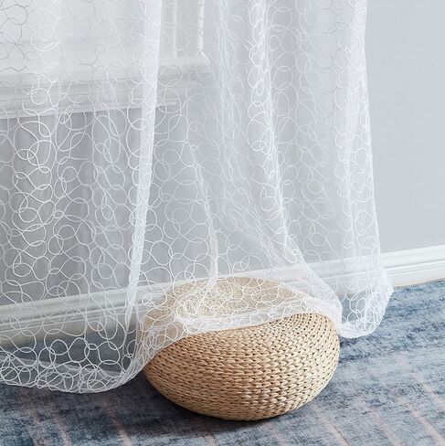 HLC.ME أودري مطرزة فاخرة ناعمة مزخرفة من الفوال الشفاف لتصفية النوافذ جروميت معالجة النوافذ لوحات ستائر لغرفة النوم وغرفة المعيشة - مجموعة من لوحتين (طول 54 × 96 بوصة، أبيض) in Kuwait