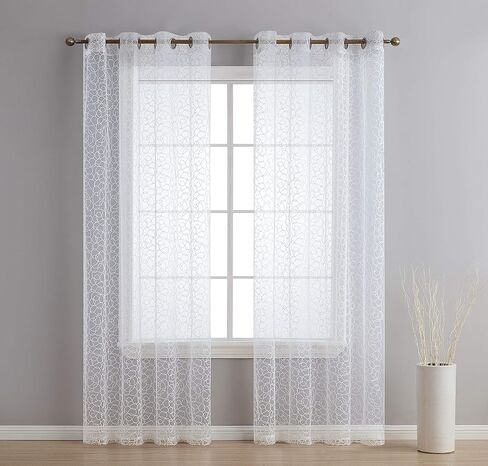 HLC.ME أودري مطرزة فاخرة ناعمة مزخرفة من الفوال الشفاف لتصفية النوافذ جروميت معالجة النوافذ لوحات ستائر لغرفة النوم وغرفة المعيشة - مجموعة من لوحتين (طول 54 × 96 بوصة، أبيض) in Kuwait