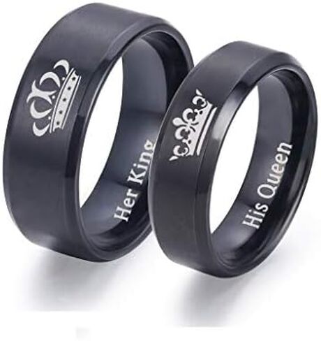 LAVUMO King and Queen Rings for Couples - 2pcs His Hers Stainless Steel Matching Ring Sets for Him and Her - Promise Engagement Wedding Band Black Comfort Fit in Kuwait