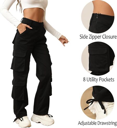 Viatabuna Womens Cargo Pants with 8 Pockets High Waisted Baggy Relaxed Fit Y2k Wide Leg Casual Pants Streetwear Trousers in Saudi Arabia