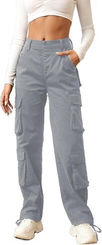 Viatabuna سراويل البضائع النسائية مع 8 جيوب عالية الخصر فضفاضة مريحة تناسب Y2k واسعة الساق سراويل تقليدية ملابس الشارع الشهير in Kuwait