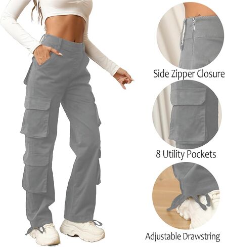 Viatabuna سراويل البضائع النسائية مع 8 جيوب عالية الخصر فضفاضة مريحة تناسب Y2k واسعة الساق سراويل تقليدية ملابس الشارع الشهير in Kuwait