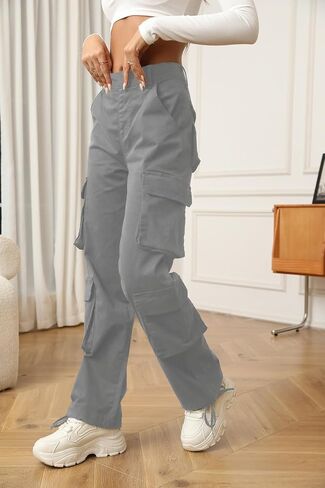 Viatabuna سراويل البضائع النسائية مع 8 جيوب عالية الخصر فضفاضة مريحة تناسب Y2k واسعة الساق سراويل تقليدية ملابس الشارع الشهير in Kuwait