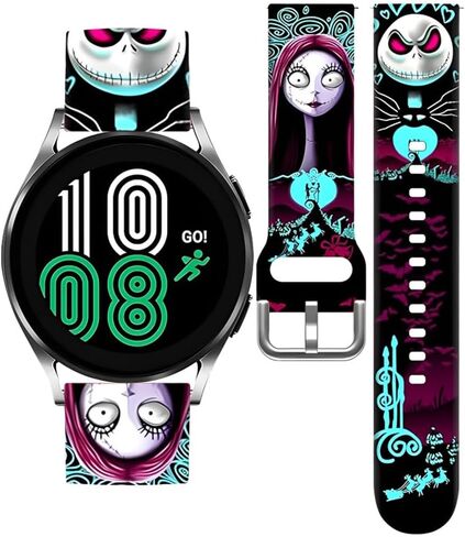 عصابات Halloween Christmas Jack Skellington Sally 20 مم متوافقة مع Samsung Galaxy Watch 6/ Watch 5 Pro 45mm/Watch 4 40/44mm/Galaxy Watch 42mm/Watch 3 41mm/Active 2/Gear S2 Classic/Sport/Garmin Vivoactive 3 Band Cartoon Skull Soft Silicone ضبط الرياضة in Kuwait