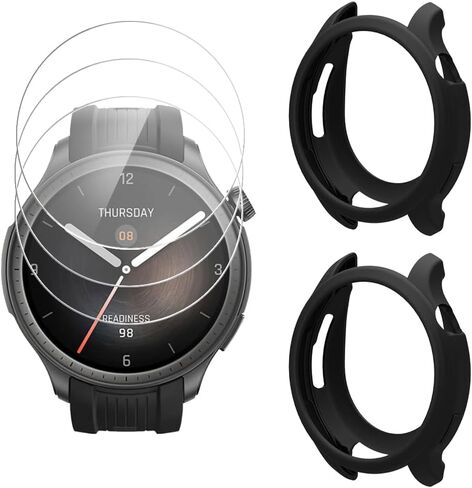 واقي شاشة الساعة (3+1 حزمة) متوافق مع طبقة الزجاج المقسى Amazfit Balance المضادة للخدش، تغطية كاملة عالية الوضوح وحافظة واقية من السيليكون in Kuwait