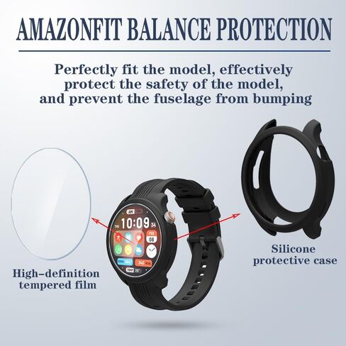 واقي شاشة الساعة (3+1 حزمة) متوافق مع طبقة الزجاج المقسى Amazfit Balance المضادة للخدش، تغطية كاملة عالية الوضوح وحافظة واقية من السيليكون in Kuwait