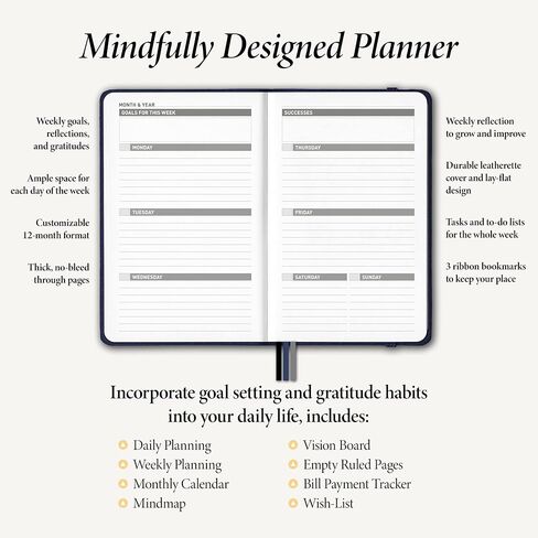 مخطط الحياة الشهري والأسبوعي لتعزيز الإنتاجية وإدارة الوقت وتحقيق أهدافك - منظم عالي الأداء ومجلة الامتنان - غير مؤرخ، سنة واحدة (12 شهرًا)، غلاف فني، 5x8 بوصة (أزرق) in Kuwait