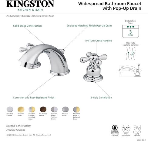 Kingston Brass KB971X صنبور مرحاض فيكتوري واسع الانتشار بمقبض متقاطع، كروم مصقول، مركز قابل للتعديل مقاس 8 بوصات in Saudi Arabia