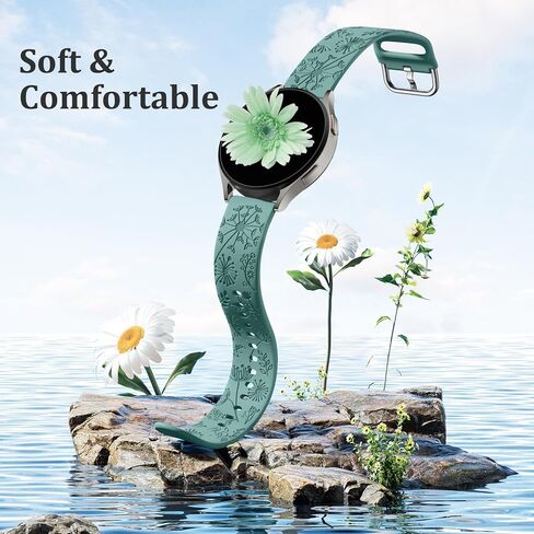 أحزمة منقوشة بالزهور متوافقة مع ساعة Samsung Galaxy Watch 6/5/4، وGalaxy Watch 5 Pro 45 مم/Galaxy Active 2/Galaxy Watch 3/Galaxy Watch 6 بسوار كلاسيكي للنساء، حزام رياضي بديل من السيليكون الناعم 20 مم in Kuwait