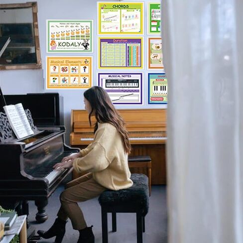 مجموعة من 8 ملصقات موسيقية (مغلفة) من FUNNYLAND للفصول الدراسية، ومخططات نظرية الموسيقى الأساسية للمدرسة، وملصقات جدارية للأطفال - مثالية للفصل الدراسي والمنزل ومراكز التعليم in Kuwait