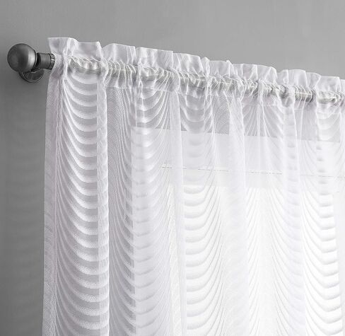 LinenZone - ستائر شبه شفافة من الدانتيل بتصميم موجات - مجموعة من لوحتين - ستارة فوال بجيب قضيب لغرفة المعيشة وغرفة النوم والمطبخ (لوحتان 54 × 96، أبيض) in Kuwait