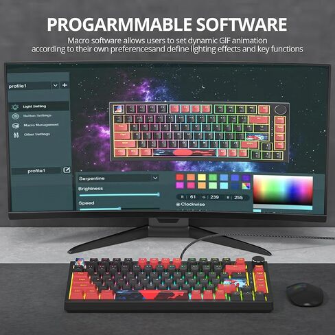 لوحة مفاتيح ميكانيكية سلكية بنسبة 75% من TKL، حامل حشية بإضاءة خلفية RGB 82 مفتاحًا قابل للتبديل السريع، لوحة مفاتيح ألعاب بمفتاح أحمر خطي مخصص مع مقبض مستوى الصوت وأغطية مفاتيح PBT (وردي) in Kuwait