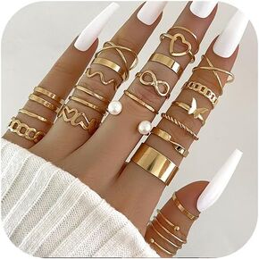 22pcs حلقات مفصلية ذهبية للنساء ، بوهو ، بوهو القابل للتكديس ، إصبع الدقم حلقة حزمة بسيطة لطيف لؤلؤة خواتم قلب قابلة للتعديل عبارة عن مجوهرات مختلطة الحجم in Kuwait