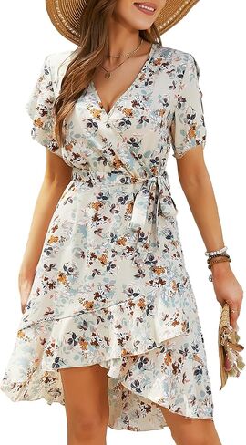 Womens Summer Dress 2025 Floral Boho Dress Wrap V Neck Short Sleeve Ruffle A Line Flowy High Low Midi Dresses in Saudi Arabia