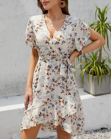 Womens Summer Dress 2025 Floral Boho Dress Wrap V Neck Short Sleeve Ruffle A Line Flowy High Low Midi Dresses in Saudi Arabia