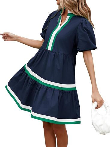 LifeShe Womens Puff Sleeve Babydoll Dress V Neck Navy Blue Striped Color Block Tiered Mini Dresses in Saudi Arabia