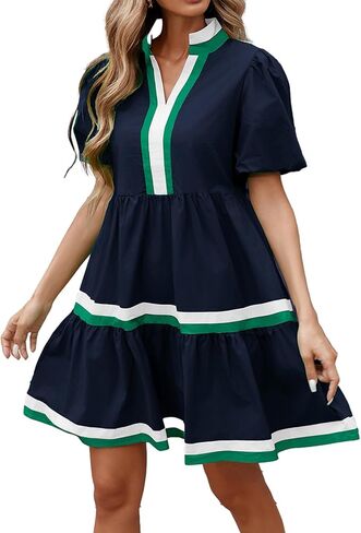 LifeShe Womens Puff Sleeve Babydoll Dress V Neck Navy Blue Striped Color Block Tiered Mini Dresses in Saudi Arabia