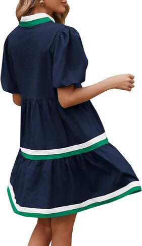 LifeShe Womens Puff Sleeve Babydoll Dress V Neck Navy Blue Striped Color Block Tiered Mini Dresses in Saudi Arabia