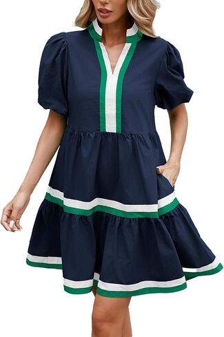 LifeShe Womens Puff Sleeve Babydoll Dress V Neck Navy Blue Striped Color Block Tiered Mini Dresses in Saudi Arabia