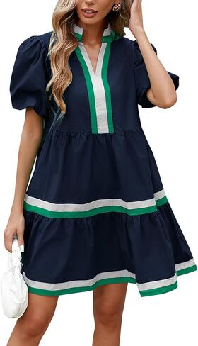 LifeShe Womens Puff Sleeve Babydoll Dress V Neck Navy Blue Striped Color Block Tiered Mini Dresses in Saudi Arabia