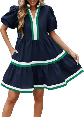 LifeShe Womens Puff Sleeve Babydoll Dress V Neck Navy Blue Striped Color Block Tiered Mini Dresses in Saudi Arabia