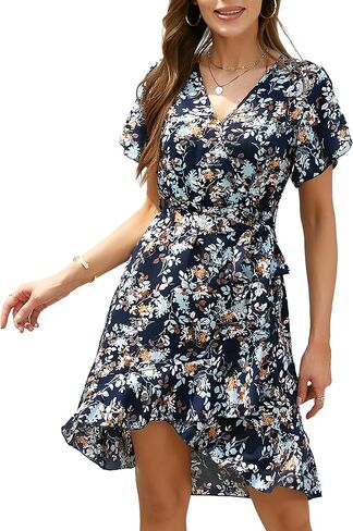 Womens Summer Dress 2025 Floral Boho Dress Wrap V Neck Short Sleeve Ruffle A Line Flowy High Low Midi Dresses in Saudi Arabia