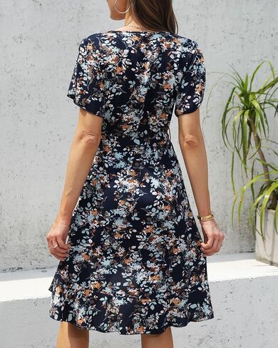 Womens Summer Dress 2025 Floral Boho Dress Wrap V Neck Short Sleeve Ruffle A Line Flowy High Low Midi Dresses in Saudi Arabia