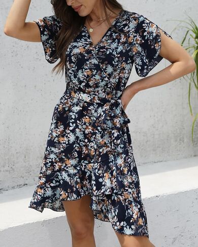 Womens Summer Dress 2025 Floral Boho Dress Wrap V Neck Short Sleeve Ruffle A Line Flowy High Low Midi Dresses in Saudi Arabia