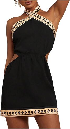 MakeMeChic Women's Boho Mini Dress Summer Beach Vacation Halter Dresses Floral Sundress in Kuwait