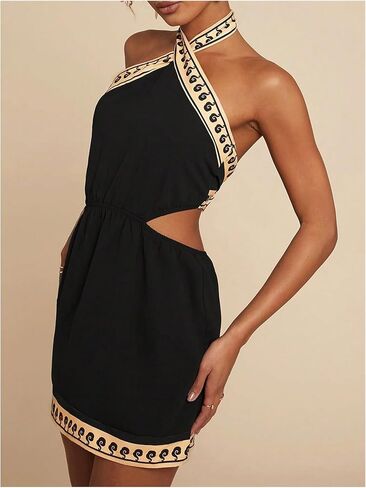 MakeMeChic Women's Boho Mini Dress Summer Beach Vacation Halter Dresses Floral Sundress in Kuwait