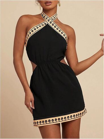 MakeMeChic Women's Boho Mini Dress Summer Beach Vacation Halter Dresses Floral Sundress in Kuwait